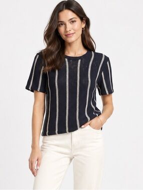 Theory Emmeris Disco Navy Cream Striped Cotton Knit Top Size L